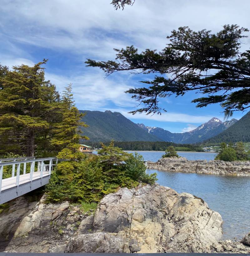 A bridge over water with trees and mountains in the background.