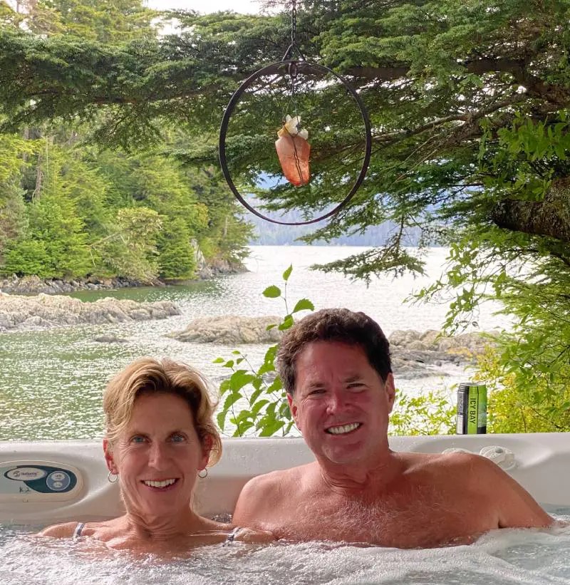 A man and woman in the hot tub